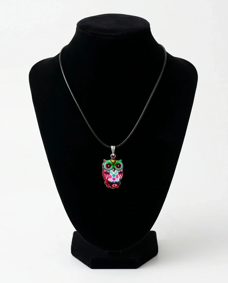 Vibrant Kaleidoscope Owl Totem Pendant Necklace