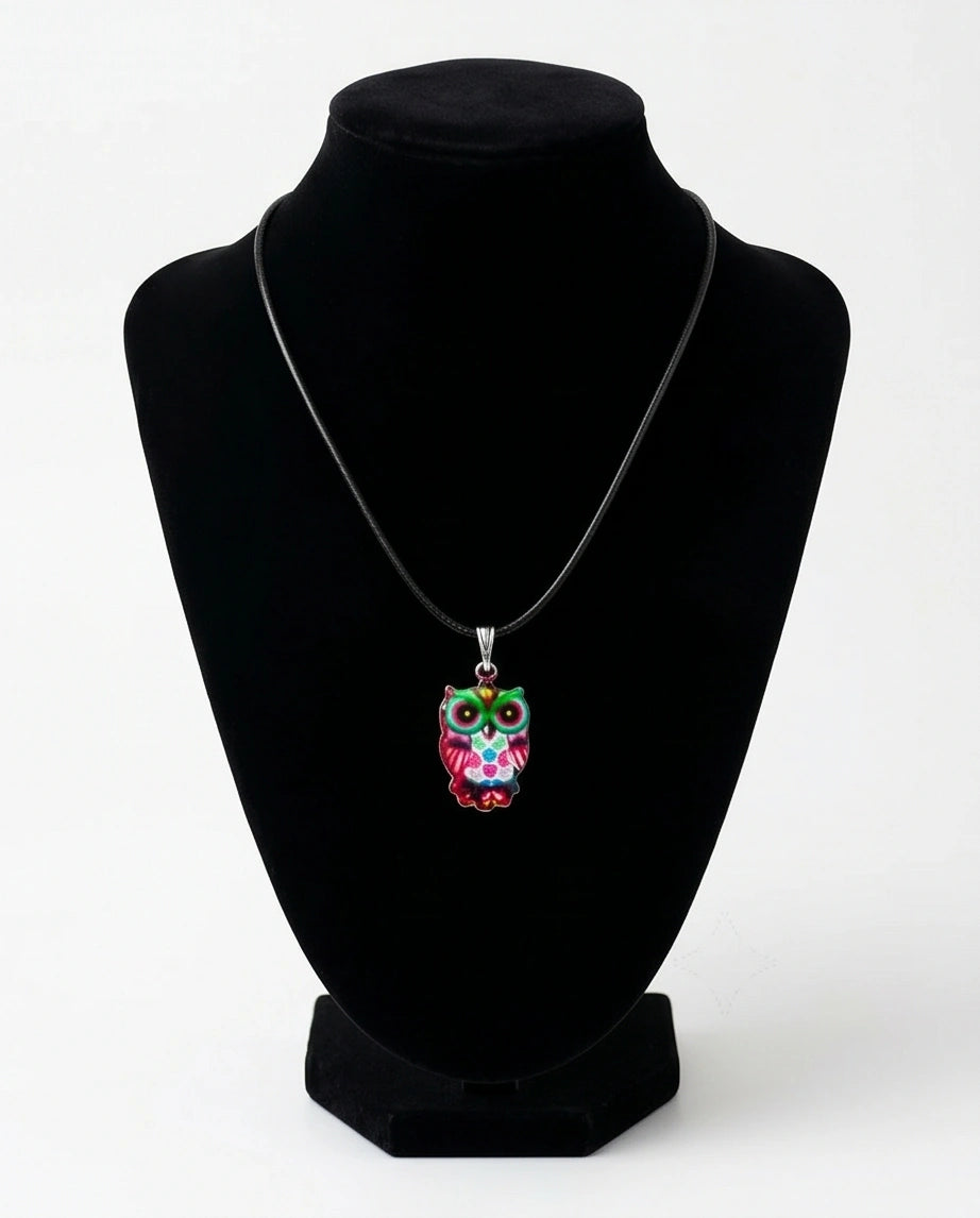 Vibrant Kaleidoscope Owl Totem Pendant Necklace