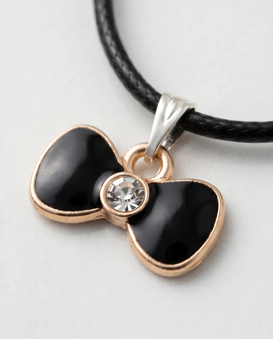 Gold Crystal and Black Bow Necklace