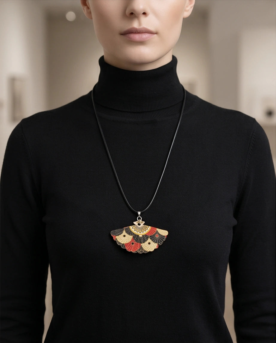 Vintage Geometric Kimono Hand-Fan Pendant Necklace