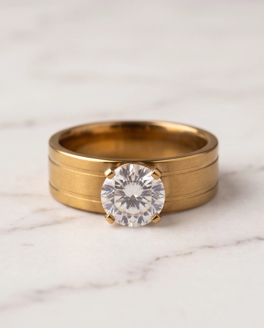 Gold Round Gemstone Wide-Band Solitaire Ring