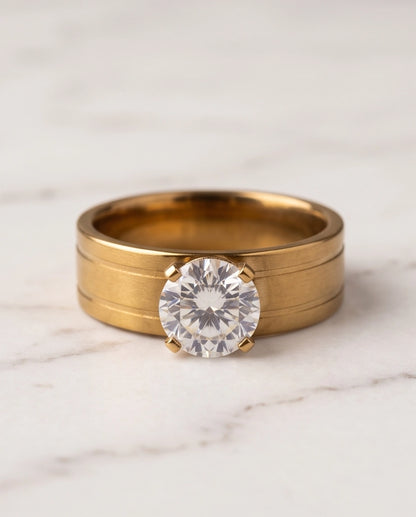 Gold Round Gemstone Wide-Band Solitaire Ring