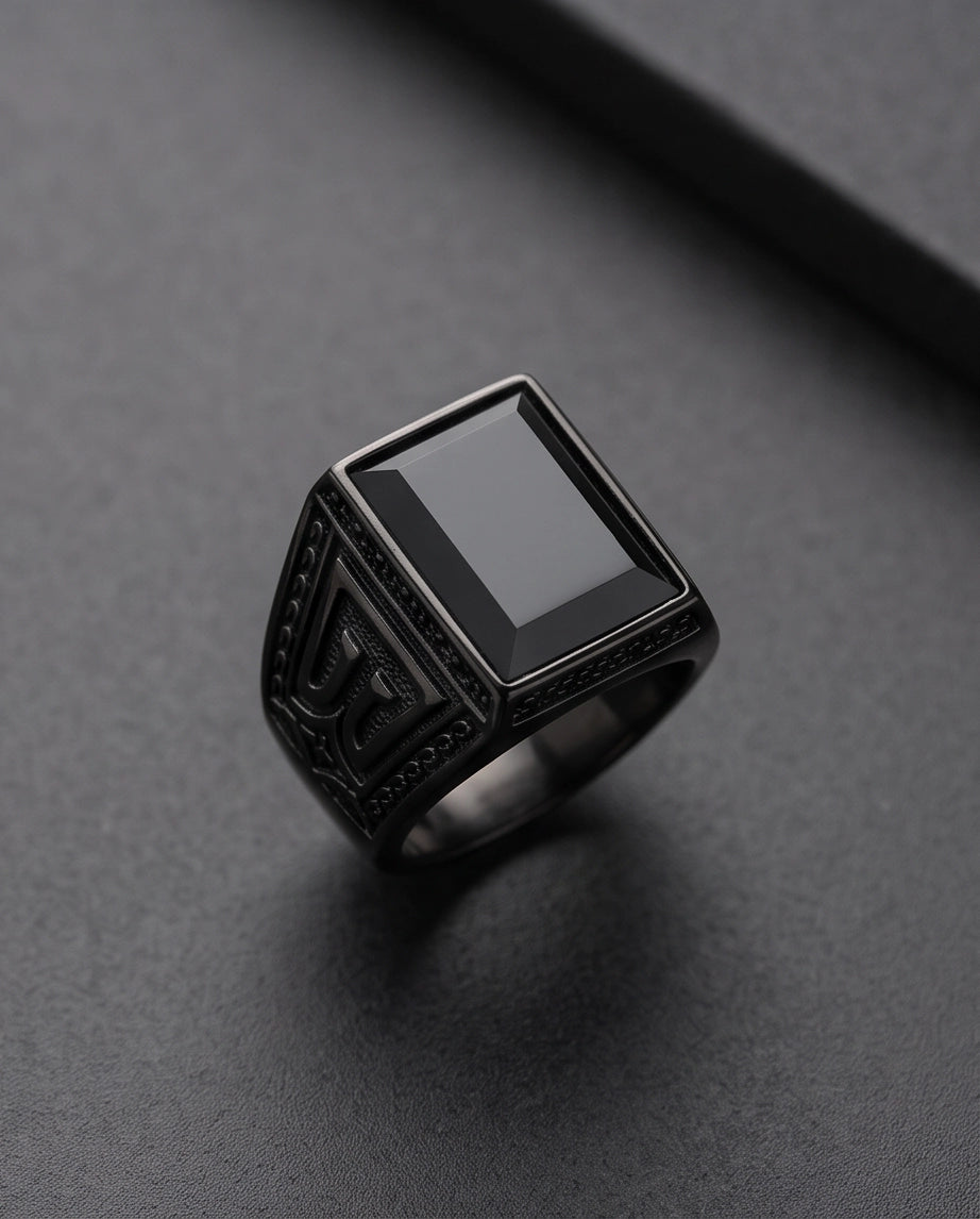 Jet Black Emerald-Cut Onyx Geometric Architectural Silver Ring