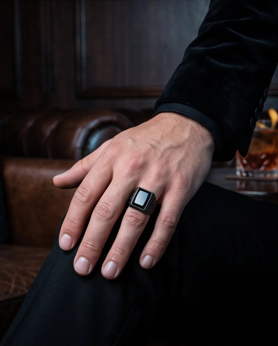 Jet Black Emerald-Cut Onyx Geometric Architectural Silver Ring
