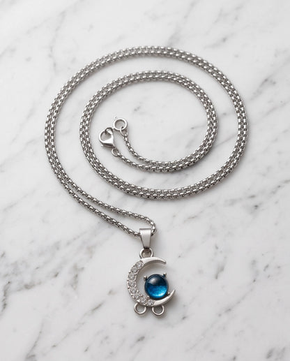 Silver Crystal Crescent Moon & Cosmic Blue Stone Pendant Necklace