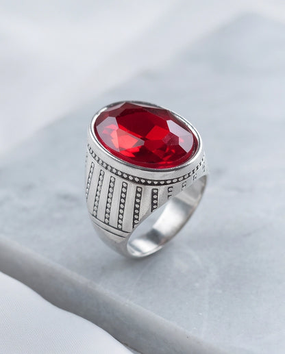 Ruby Gemstone Beaded Surround Vertical Ribbed Silver Ring