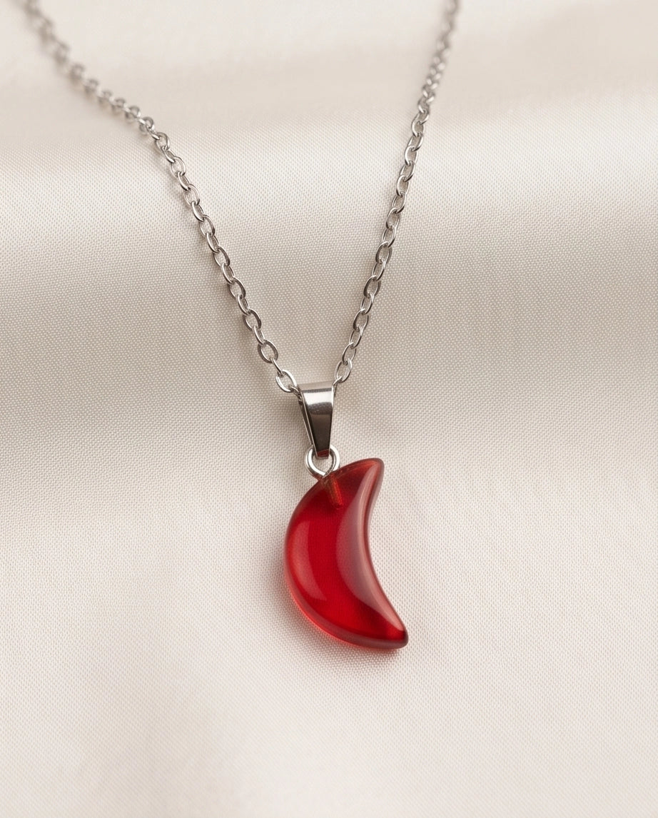 Silver Carnelian Red Crescent Moon Pendant Necklace
