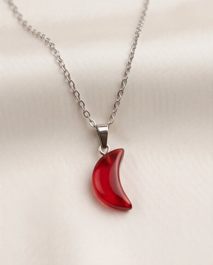 Silver Carnelian Red Crescent Moon Pendant Necklace