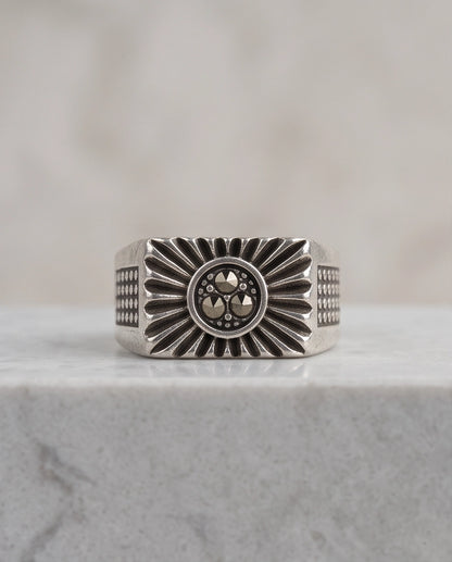 Celestial Sunburst Dark-Triple-Crystal Stippled Band Silver Ring