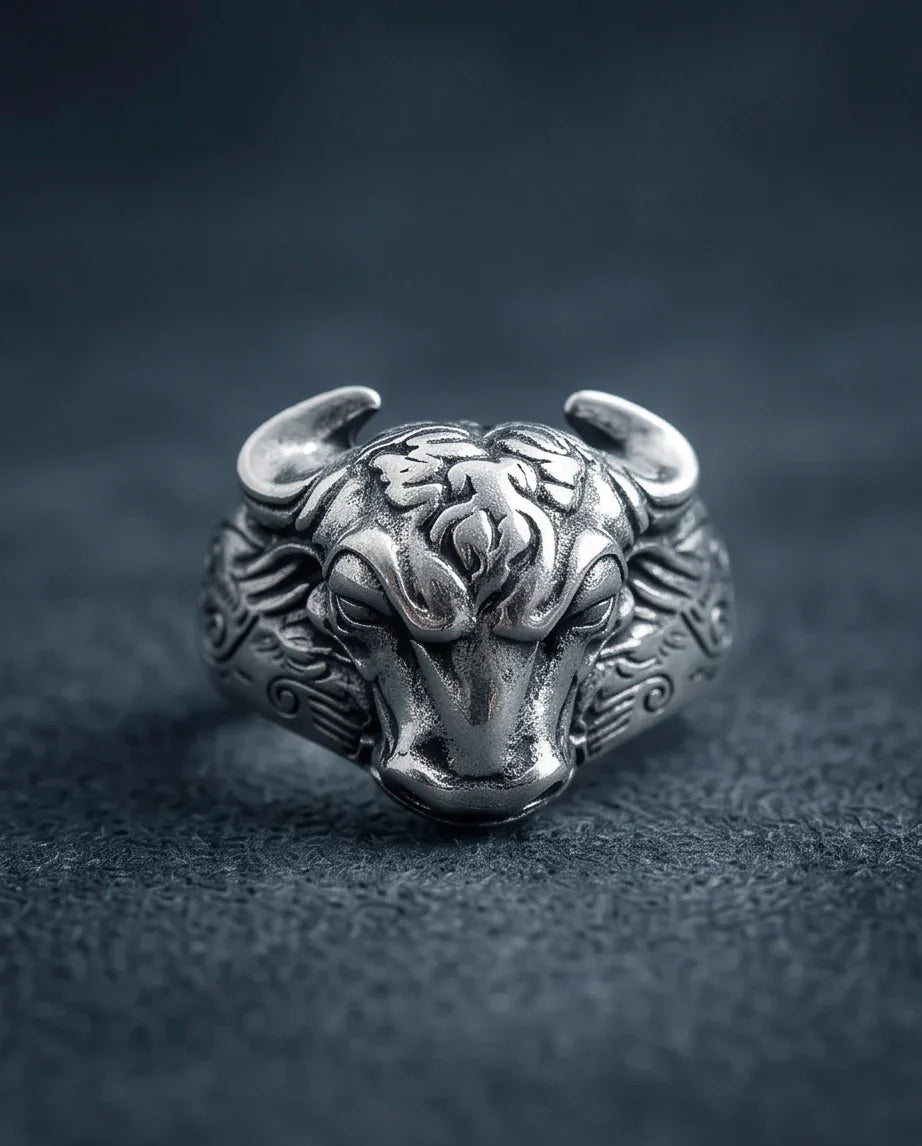Vintage Oxidized Silver Bull Head Power Statement Ring