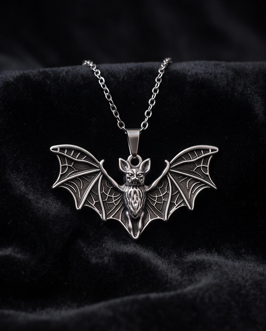 Silver Oxidized Flying Bat Pendant Necklace