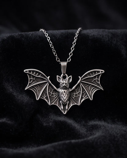 Silver Oxidized Flying Bat Pendant Necklace