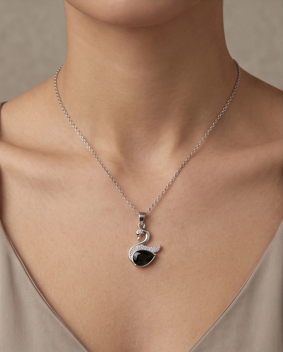 Silver Black Crystal Swan Pendant Necklace