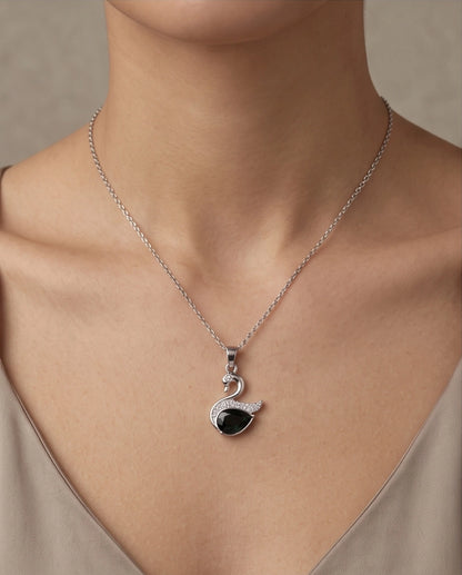 Silver Black Crystal Swan Pendant Necklace