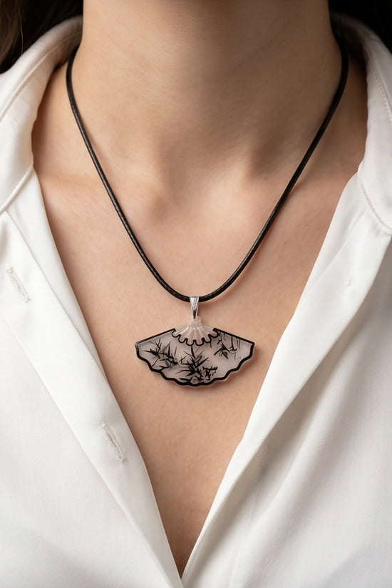 Artistic Bamboo Fan Pendant Necklace