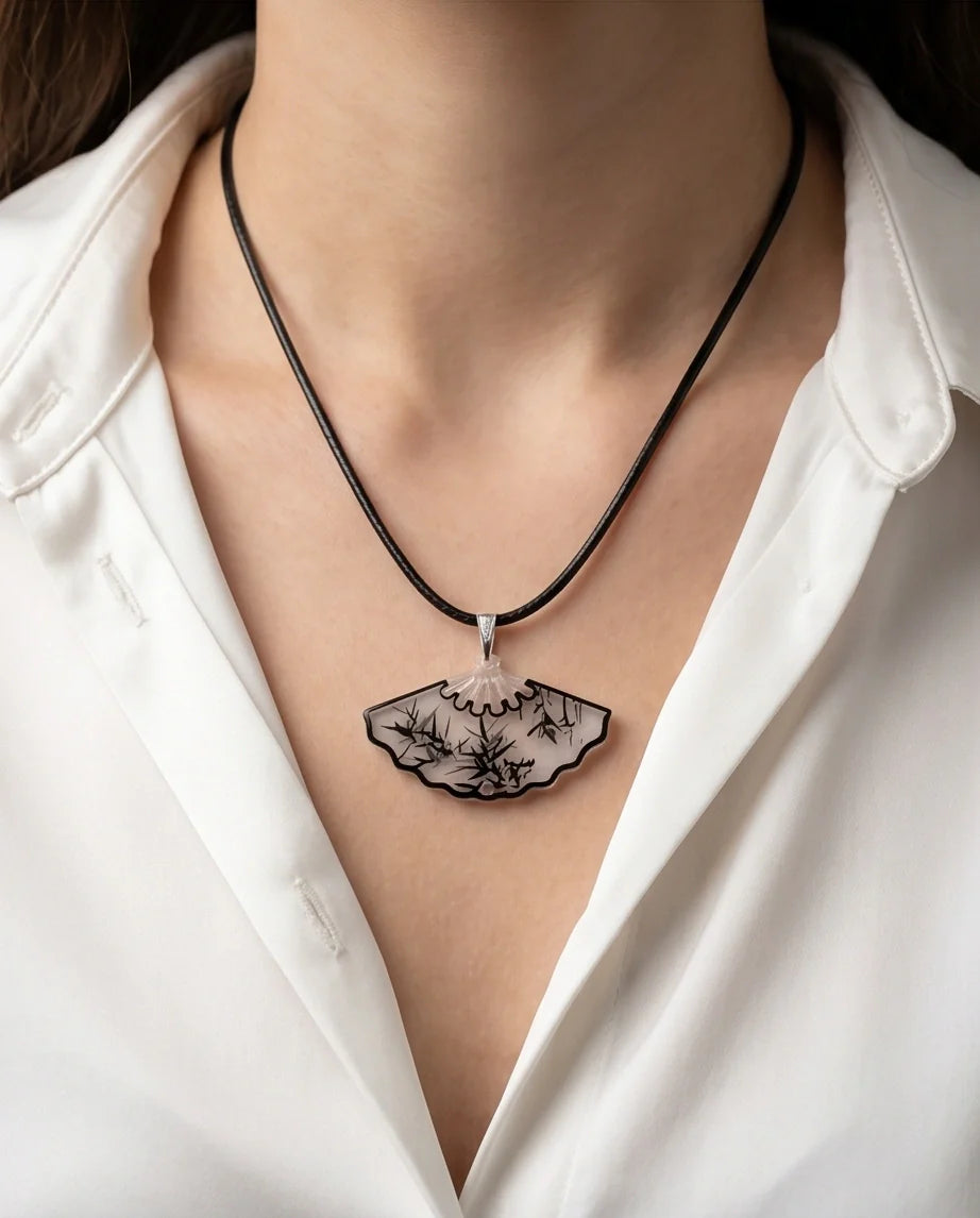 Artistic Bamboo Fan Pendant Necklace