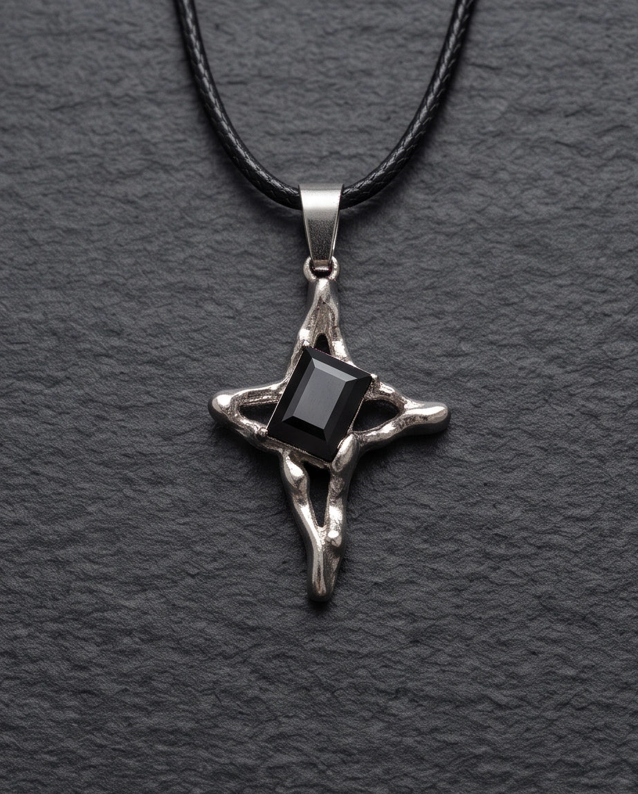 Silver Black Gemstone Gothic Cross Pendant Necklace