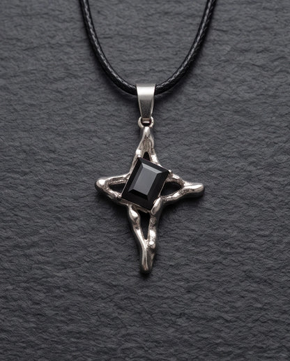 Silver Black Gemstone Gothic Cross Pendant Necklace