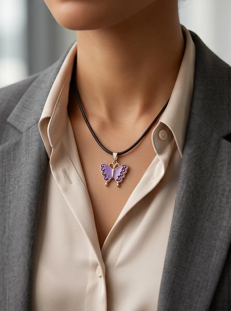 Purple Enamel Butterfly Pendant Necklace