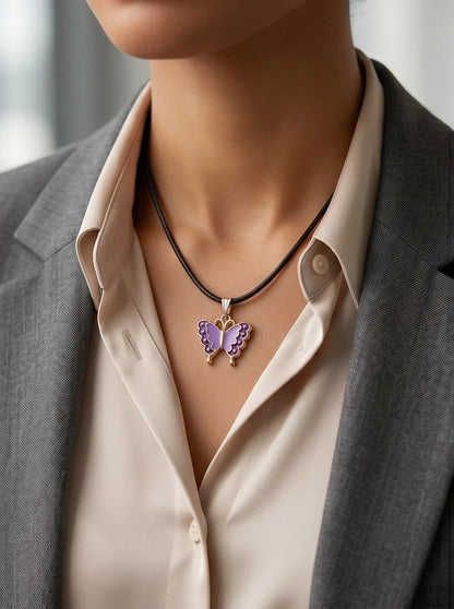 Purple Enamel Butterfly Pendant Necklace