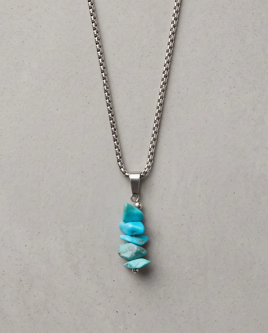 Silver Stacked Raw Turquoise Chip Stone Pendant Necklace