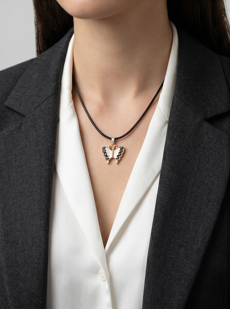 Black & White Enamel Butterfly Pendant Necklace