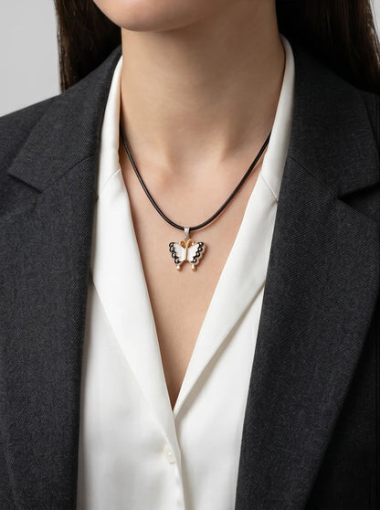 Black & White Enamel Butterfly Pendant Necklace