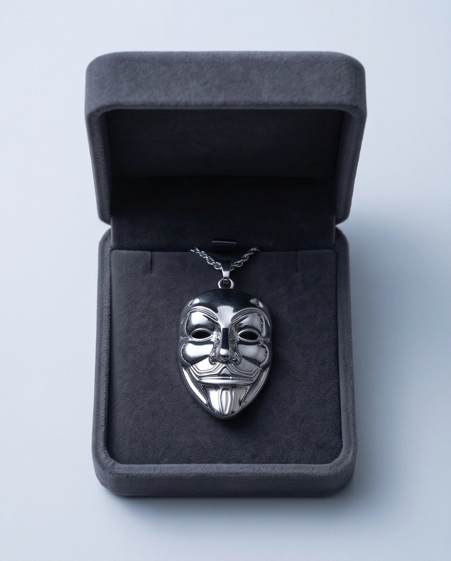 Silver Guy Fawkes Mask Rope Chain Necklace
