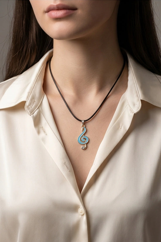 Gold Light Blue Treble Clef Music Necklace