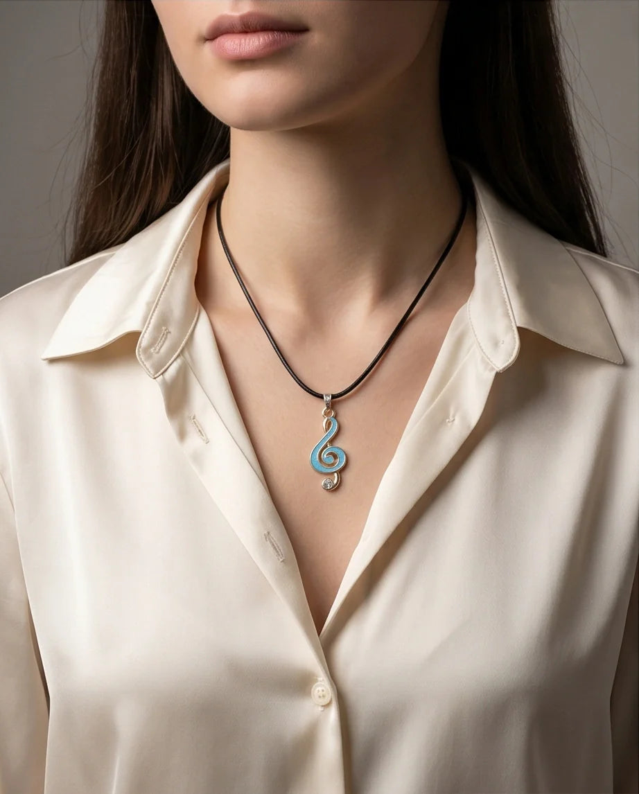 Gold Light Blue Treble Clef Music Necklace