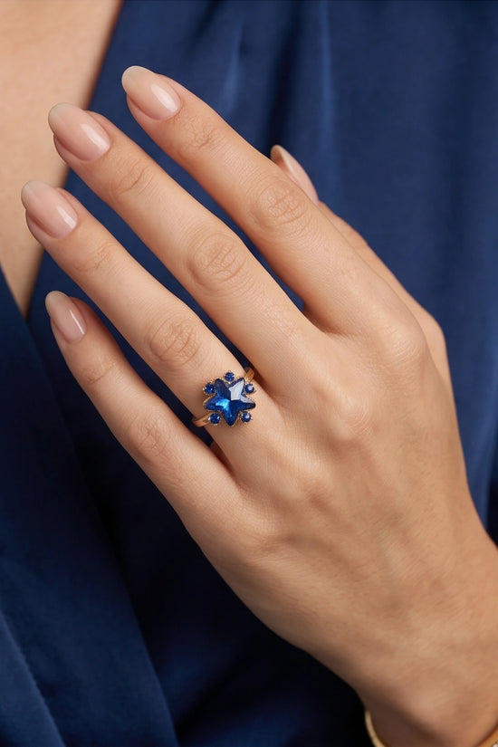 Gold Celestial Royal Blue Sapphire Star Ring