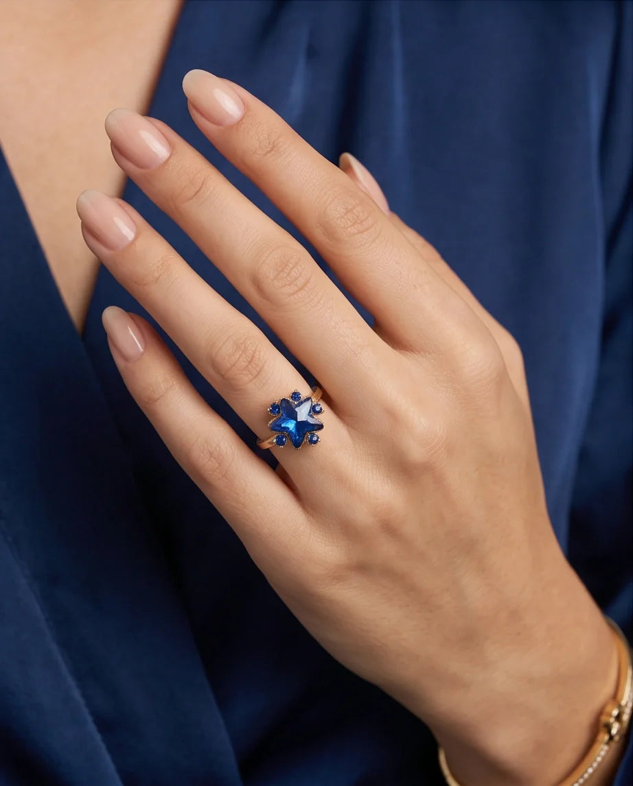Gold Celestial Royal Blue Sapphire Star Ring