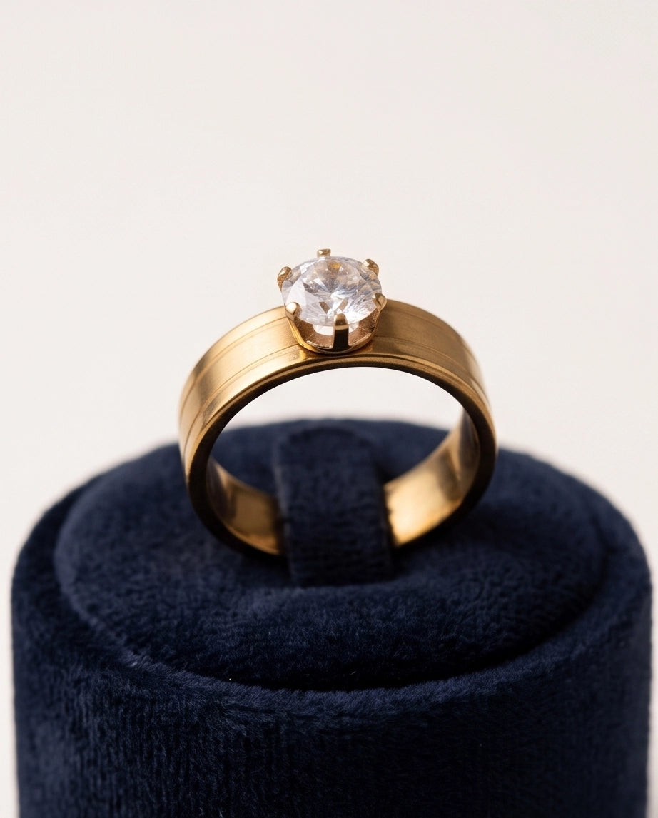 Gold Round Gemstone Wide-Band Solitaire Ring
