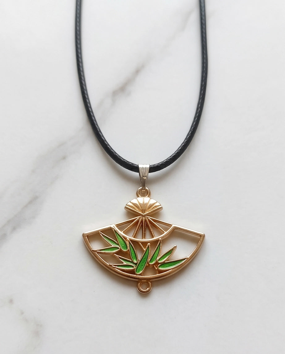Green Bamboo Fan Pendant Necklace
