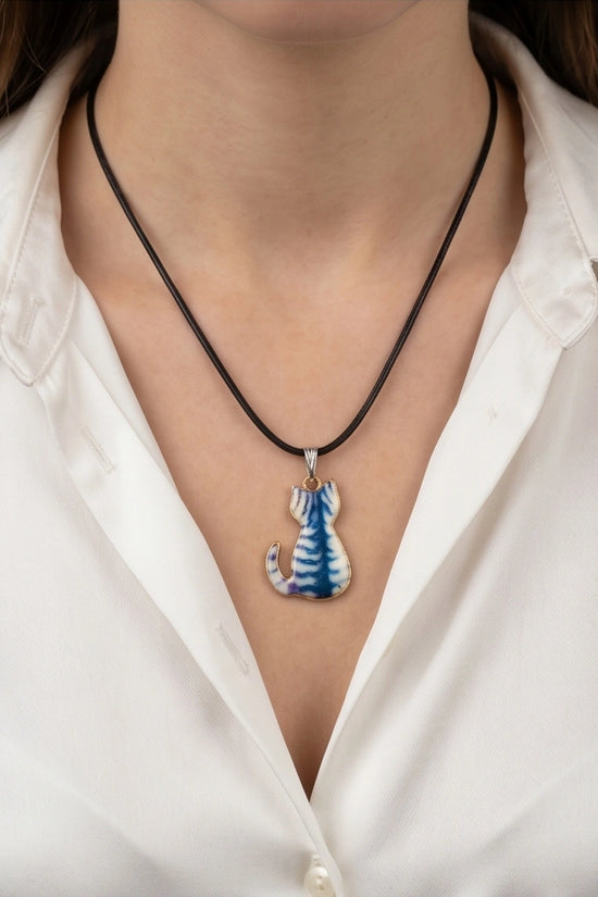 Artistic Blue Watercolor Feline Silhouette Pendant Necklace