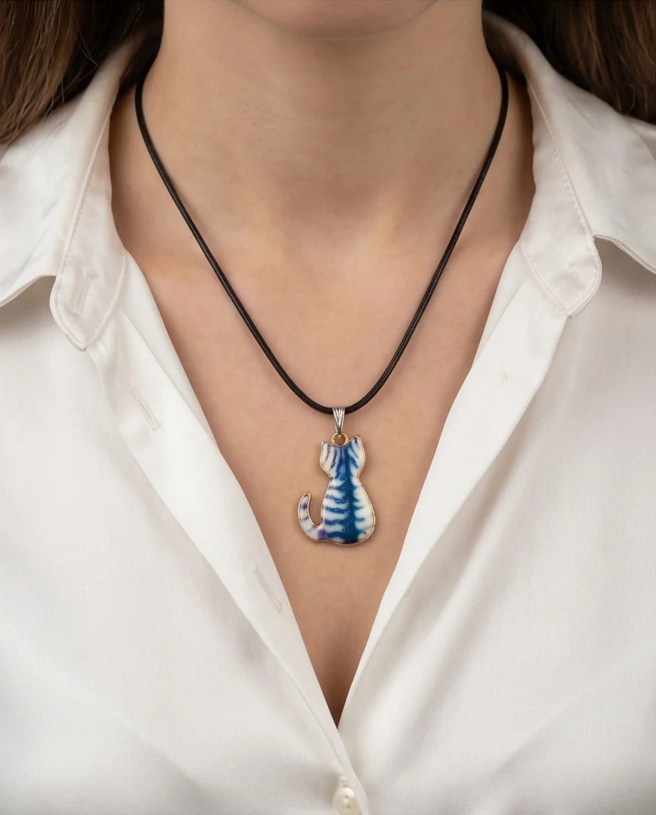 Artistic Blue Watercolor Feline Silhouette Pendant Necklace