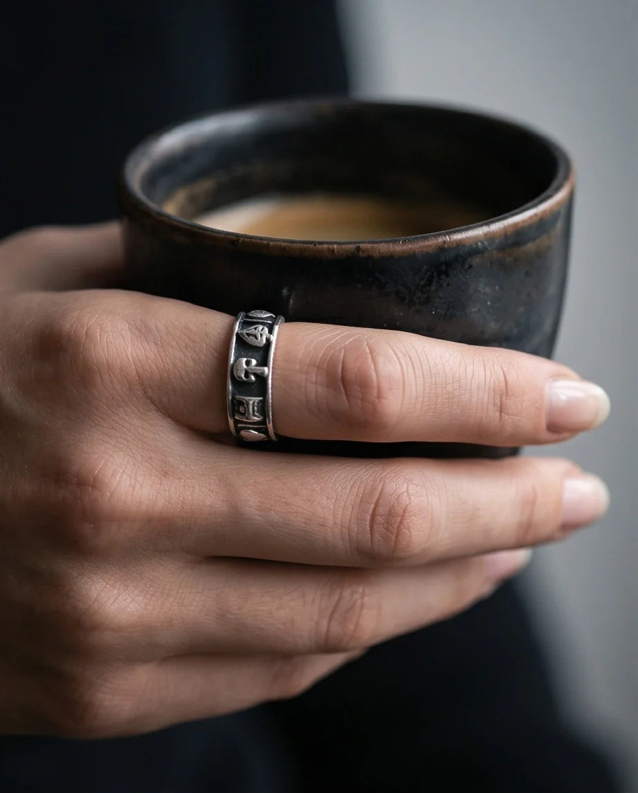 Gothic Sterling Silver Skull and Card Suits Band Ring