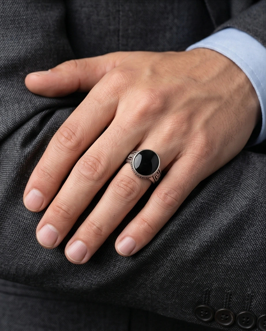 Minimalist Greek Key Onyx Signet Ring