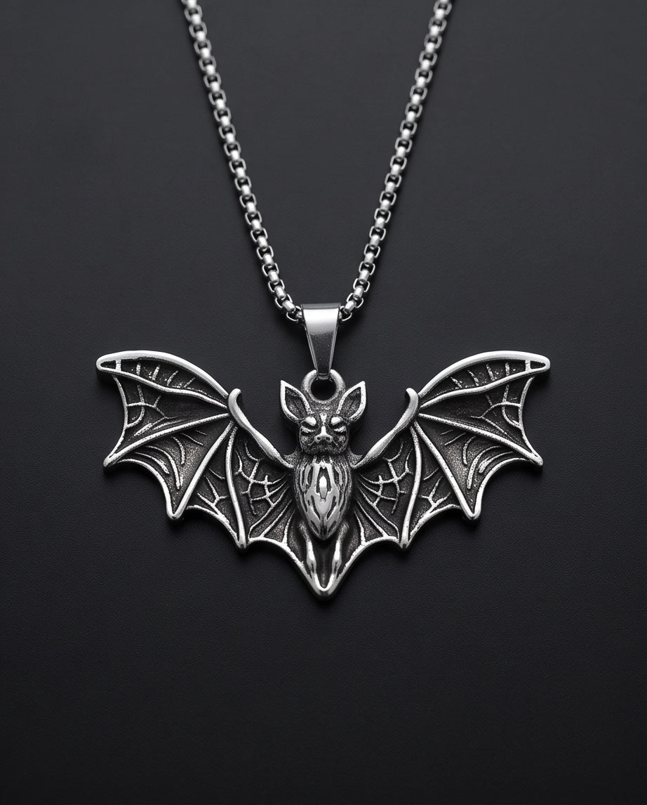 Silver Oxidized Flying Bat Pendant Necklace