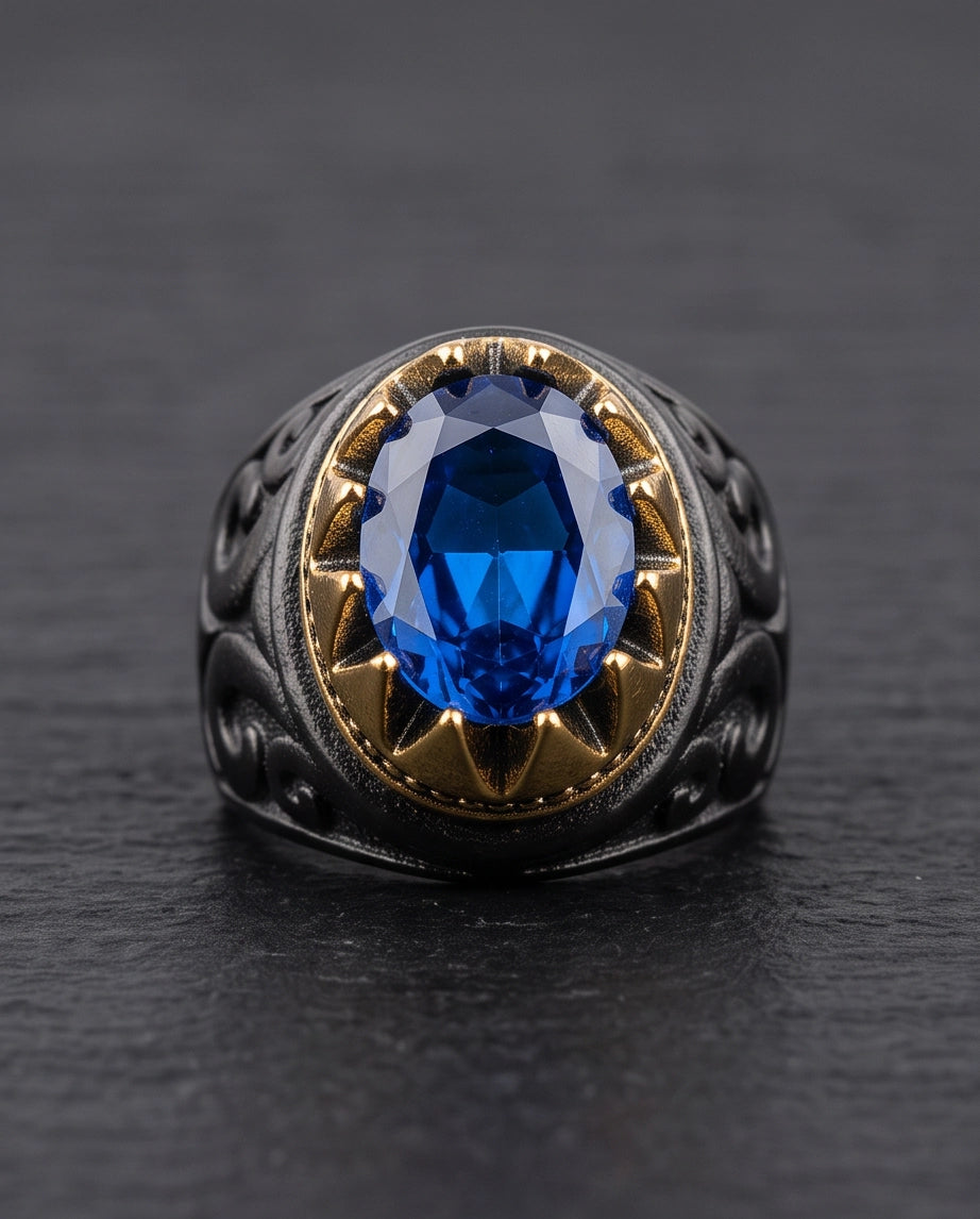 Royal Sapphire Crowned Filigree Signet Ring