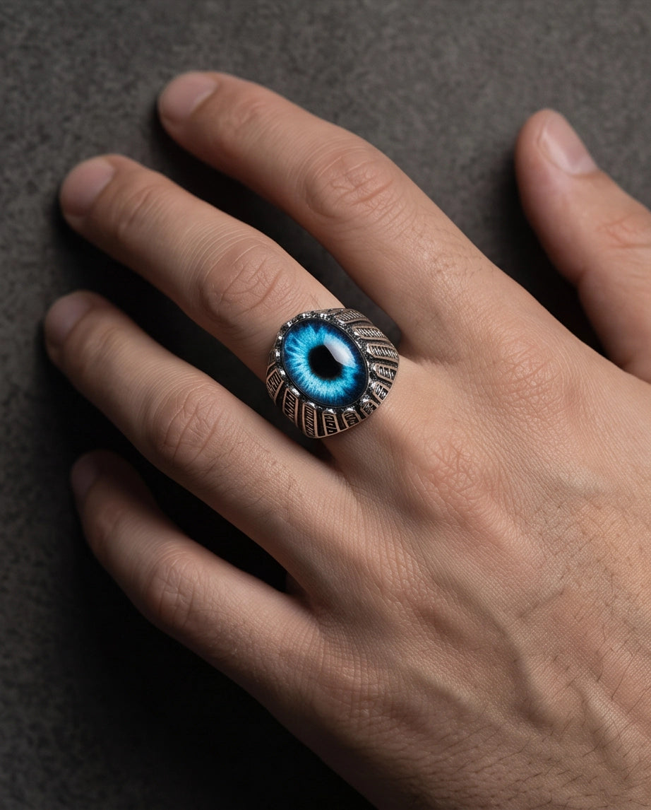 Cerulean Evil Eye Cabochon Architectural Bezel Silver Ring