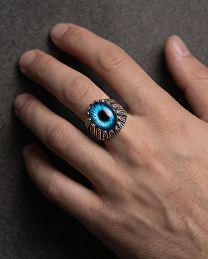 Cerulean Evil Eye Cabochon Architectural Bezel Silver Ring