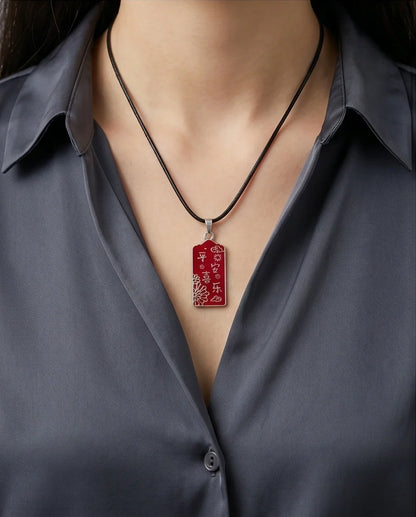 Traditional Red Rectangular "Ping An Xi Le" Blessings Pendant Necklace