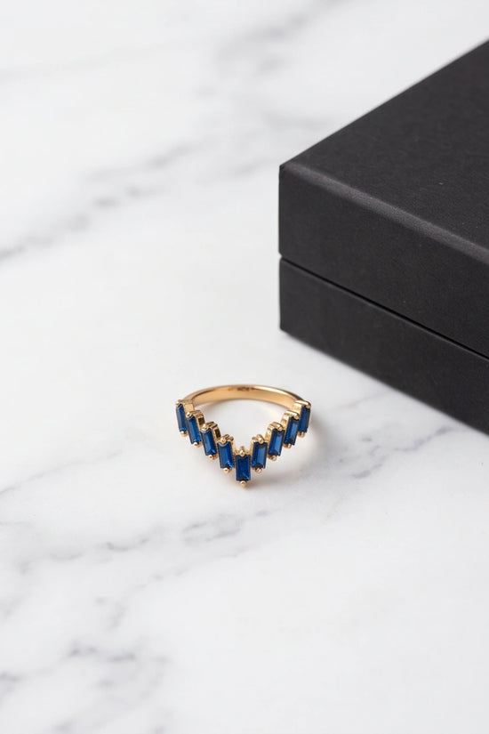 Gold Plated Blue Sapphire Baguette Tiara Ring