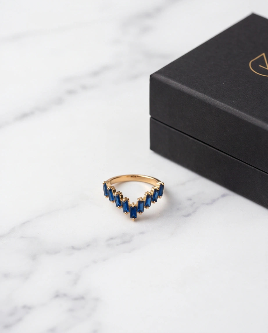 Gold Plated Blue Sapphire Baguette Tiara Ring