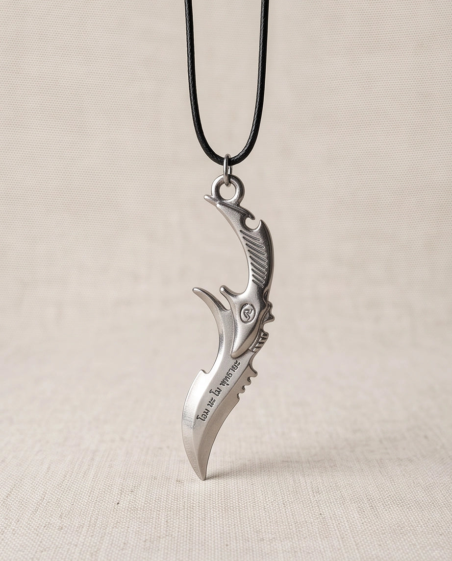Engraved Silver Curved Dagger Cord Necklace