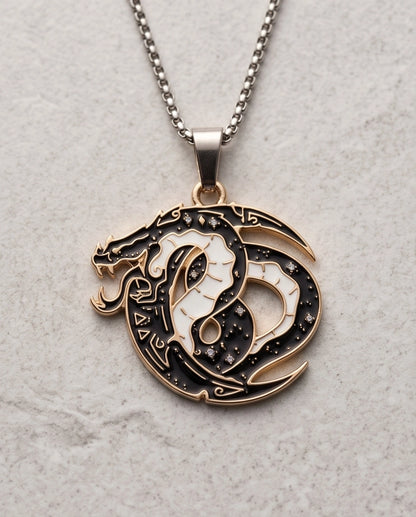 Gold Coiled Dragon Black & White Enamel Pendant Necklace