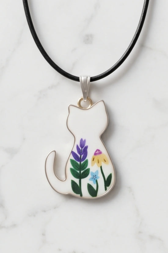 Artistic Floral Botanical Feline Silhouette Pendant Necklace