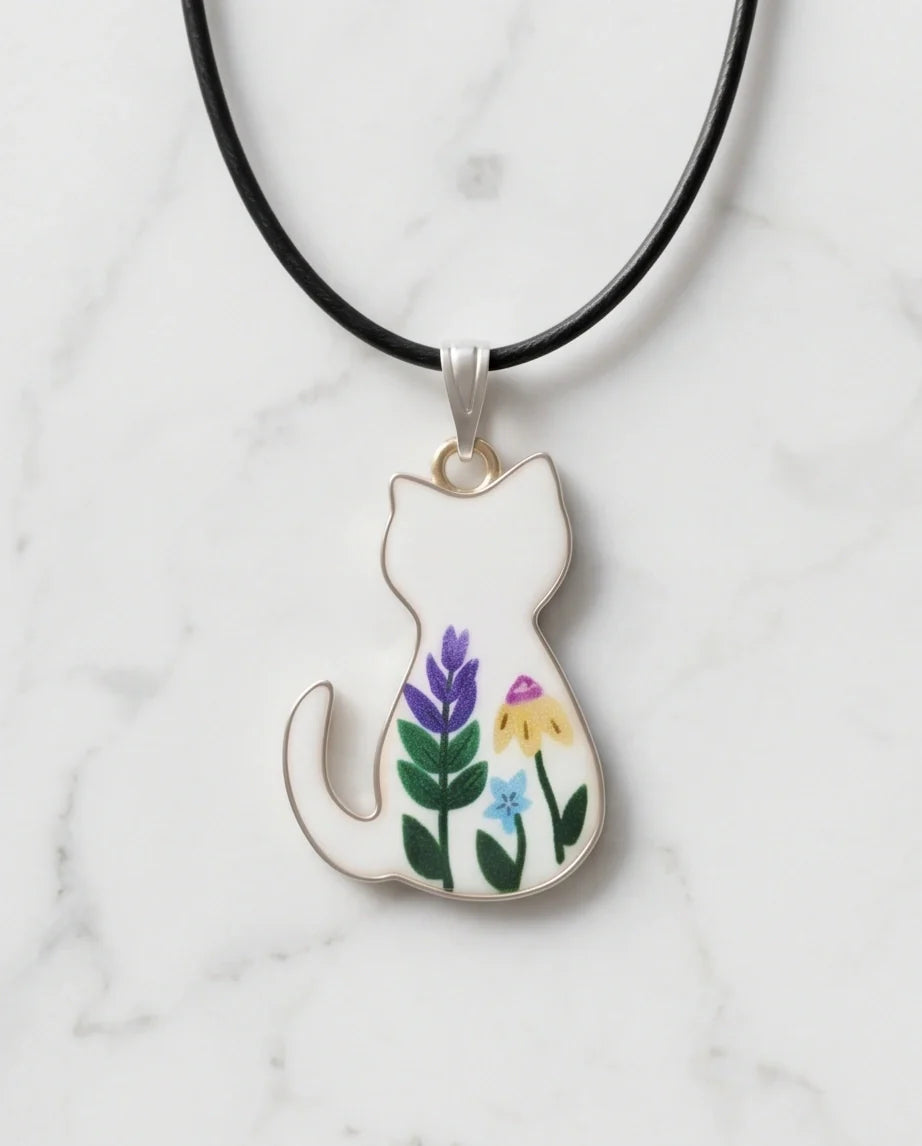 Artistic Floral Botanical Feline Silhouette Pendant Necklace