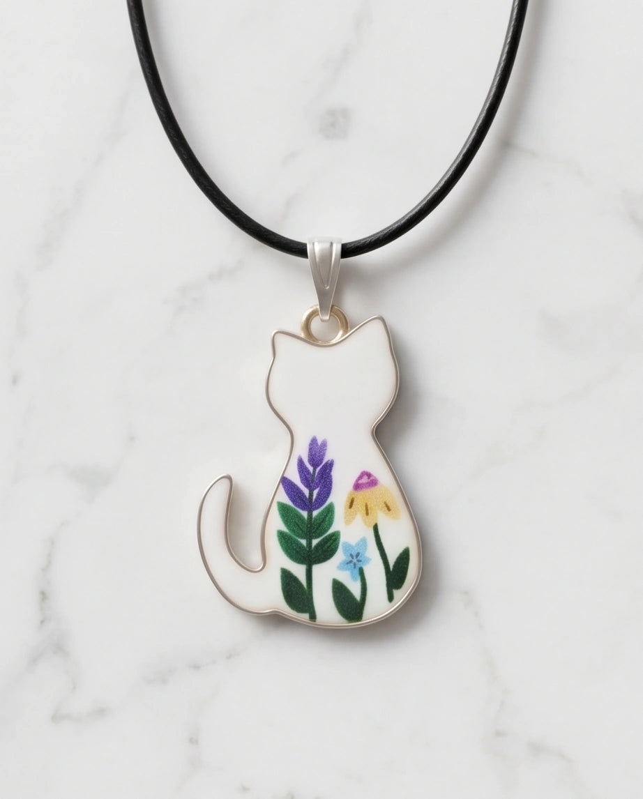 Artistic Floral Botanical Feline Silhouette Pendant Necklace